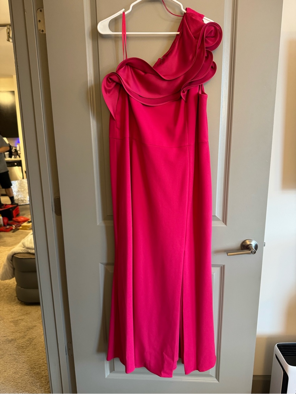 Adrianna Papell One-Shoulder Hot Pink Ruffle Gown